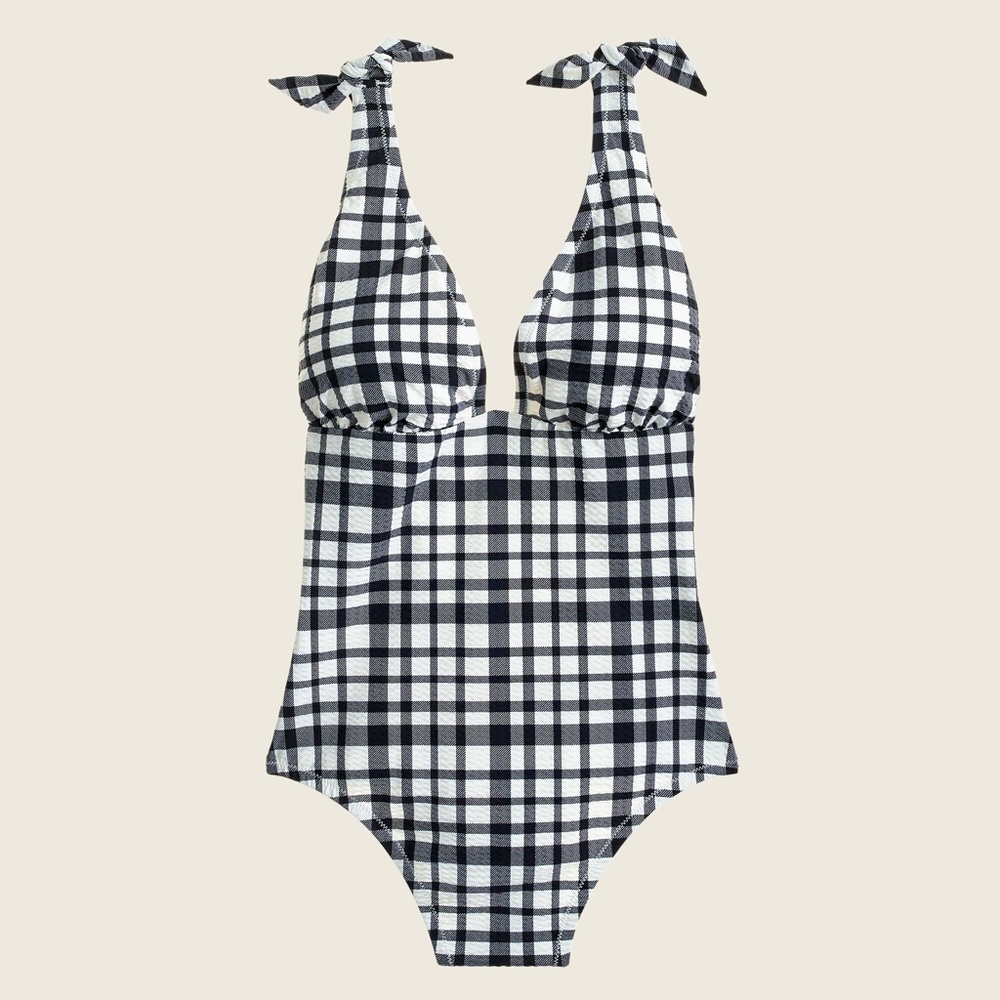 J.Crew Tie Shoulder One Piece Swimsuit in Marine Plaid